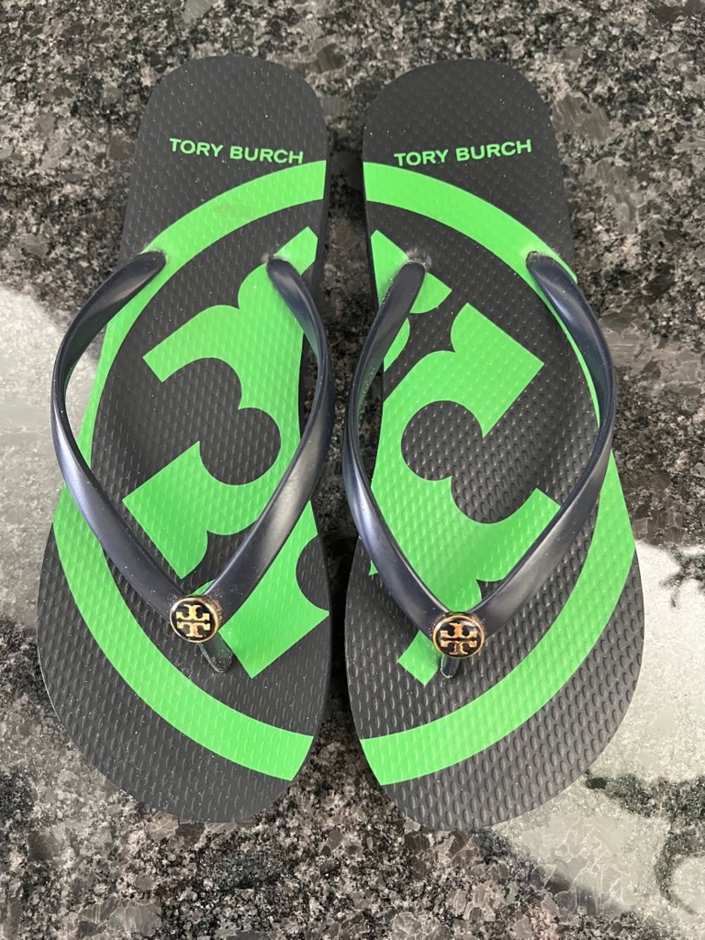 Tory Burch Navy and Neon Green Logo Flip Flops